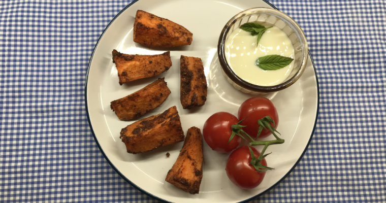 RECIPE: Spicy Roasted Sweet Potatoes With A Cooling Yoghurt And Mint Dip