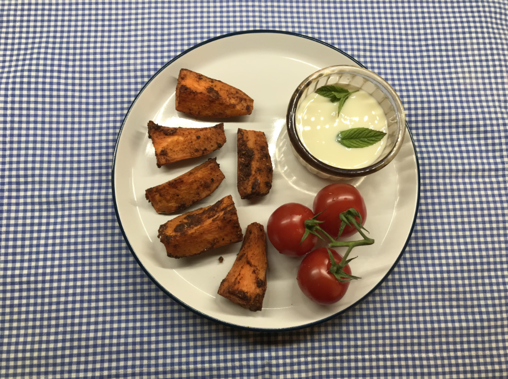 RECIPE: Spicy Roasted Sweet Potatoes With A Cooling Yoghurt And Mint Dip